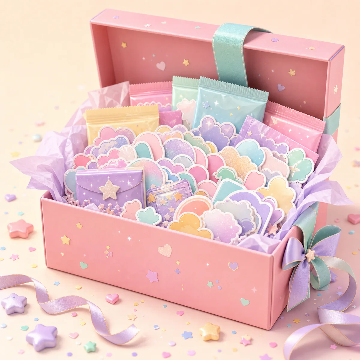 Pastel gift box overflowing with generic sticker-shaped surprises
